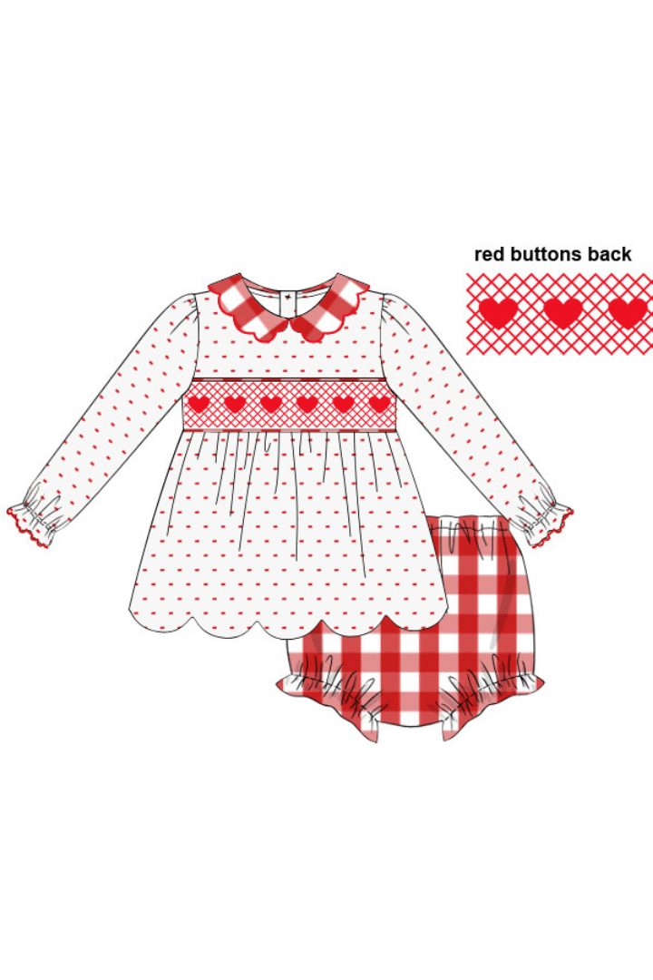 The Smocked Flamingo Apparel & Accessories Pre-Order Smocked Heart Swiss Dot Red Gingham Bow Bloomer Set