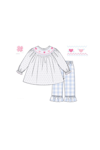 The Smocked Flamingo Apparel & Accessories Pre-Order Smocked Hearts Swiss Dot/Gingham Bishop Pant Set