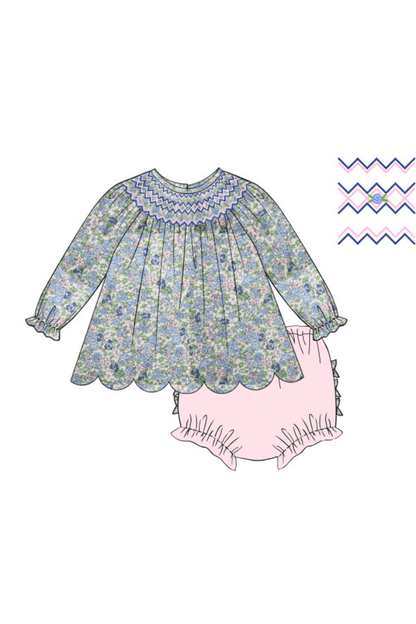 The Smocked Flamingo Apparel & Accessories Pre-Order Smocked Heirloom Blue and Pink Floral Bloomer Set