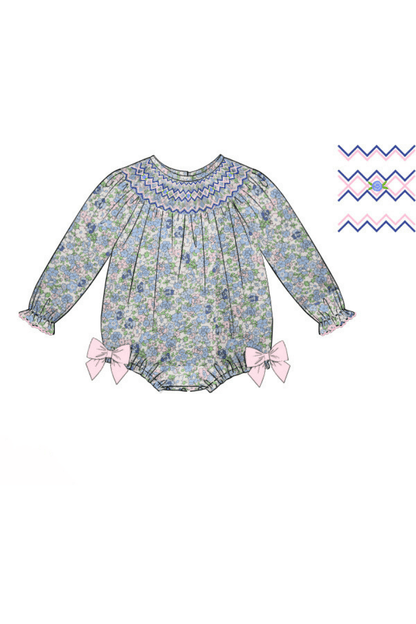 The Smocked Flamingo Apparel & Accessories Pre-Order Smocked Heirloom Blue and Pink Floral Bubble