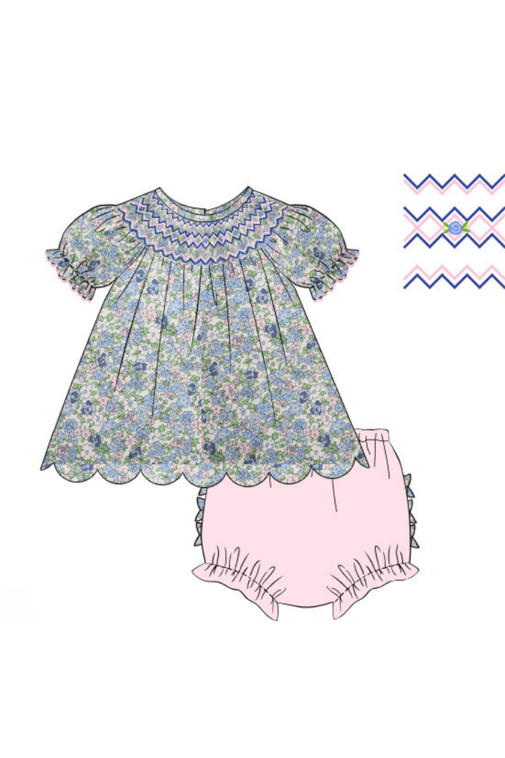 The Smocked Flamingo Apparel & Accessories Pre-Order Smocked Heirloom Blue and Pink Floral Short Sleeve Bloomer Set