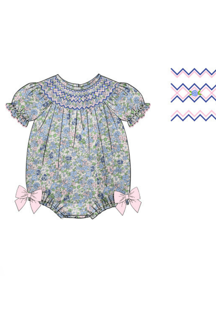 The Smocked Flamingo Apparel & Accessories Pre-Order Smocked Heirloom Blue and Pink Floral Short Sleeve Bubble