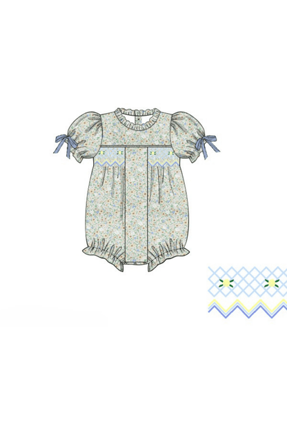 The Smocked Flamingo Apparel & Accessories Pre-Order Smocked Heirloom Blue Velvet Floral Bubble