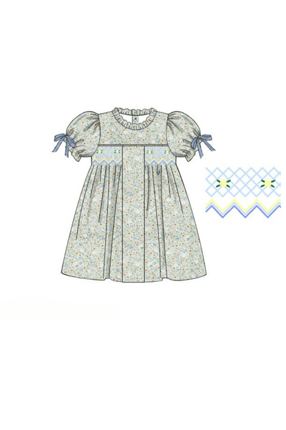 The Smocked Flamingo Apparel & Accessories Pre-Order Smocked Heirloom Blue Velvet Floral Dress