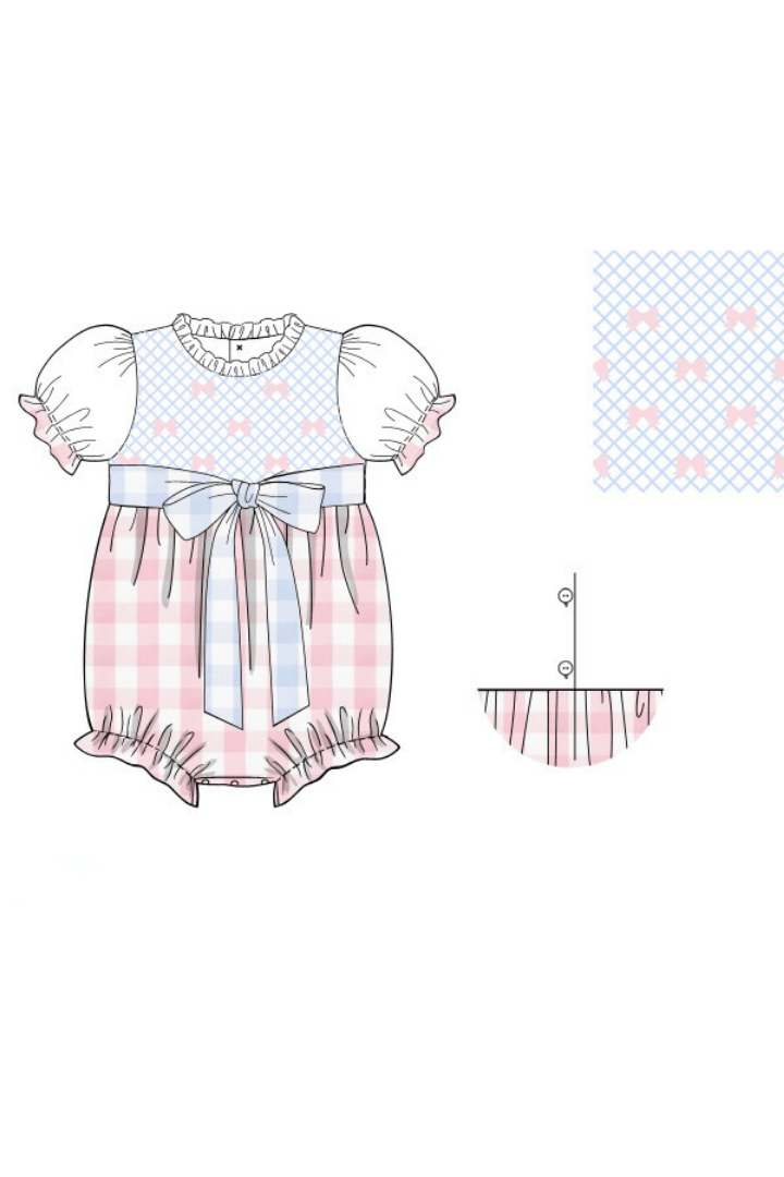 The Smocked Flamingo Apparel & Accessories Pre-Order Smocked Heirloom Bow Pink and Blue Buffalo Check Bubble