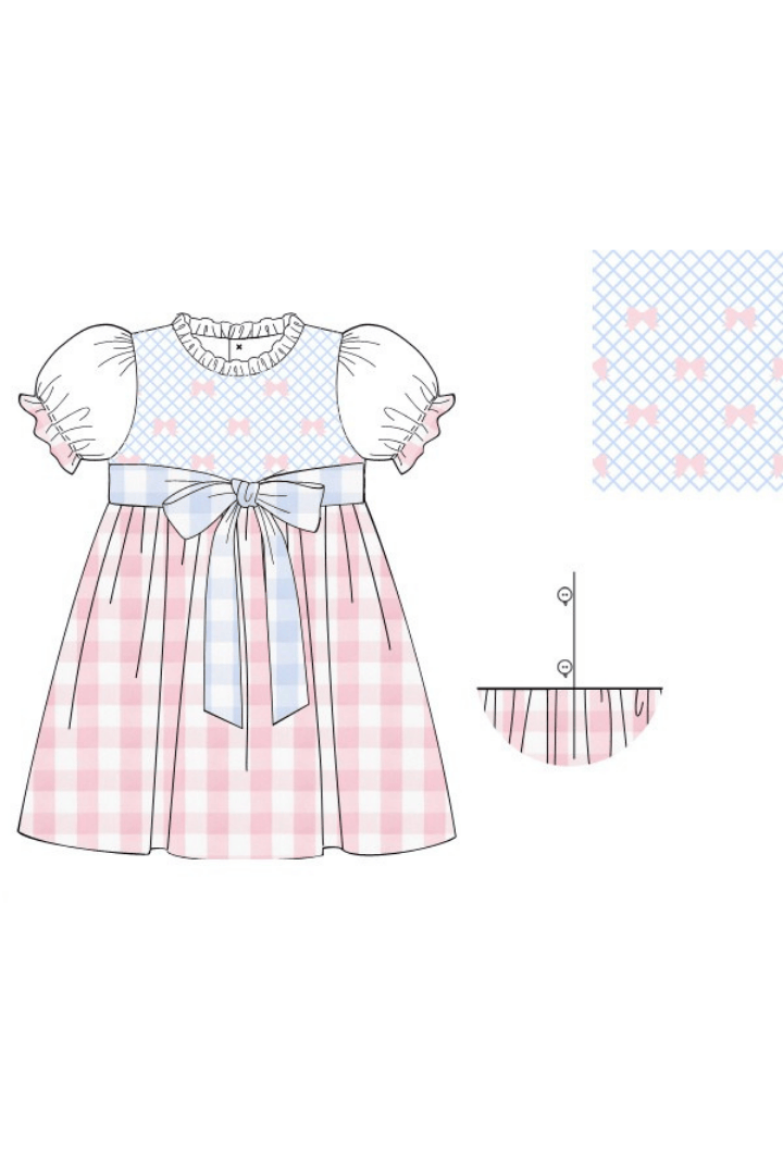 The Smocked Flamingo Apparel & Accessories Pre-Order Smocked Heirloom Bow Pink and Blue Buffalo Check Dress