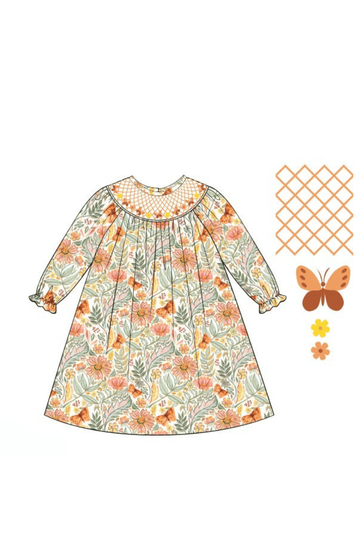 The Smocked Flamingo Apparel & Accessories Pre-Order Smocked Heirloom Fall Floral Butterfly Dress