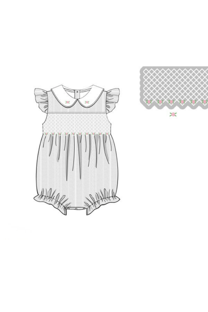 The Smocked Flamingo Apparel & Accessories Pre-Order Smocked Heirloom Floret White Linen Bubble