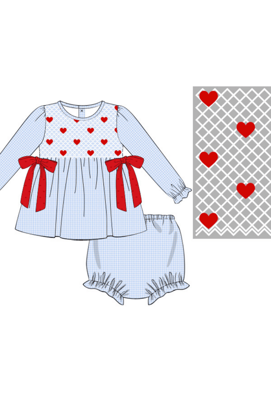 The Smocked Flamingo Apparel & Accessories Pre-Order Smocked Heirloom Heart Blue Gingham Bloomer Set