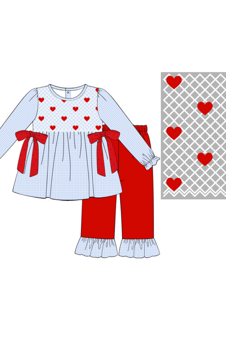 The Smocked Flamingo Apparel & Accessories Pre-Order Smocked Heirloom Heart Blue Gingham Pant Set