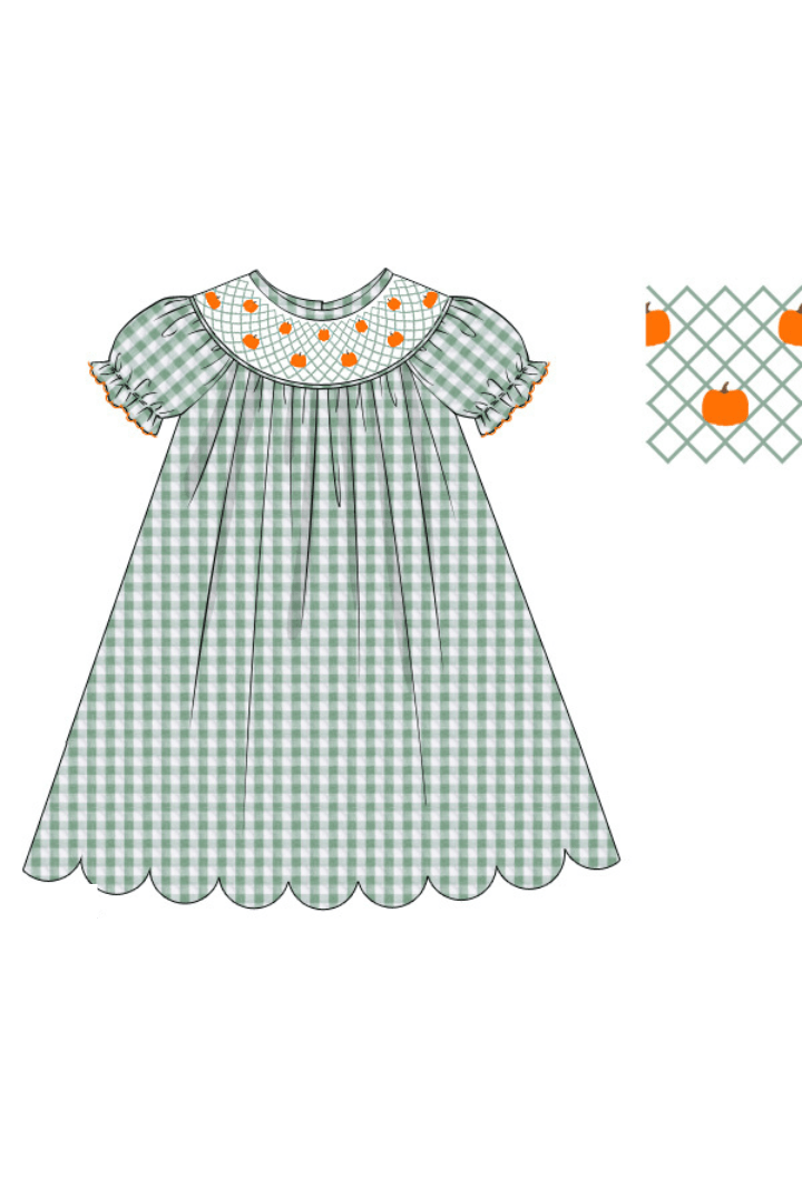 The Smocked Flamingo Apparel & Accessories Pre-Order Smocked Heirloom Pumpkin Seersucker Bishop Dress