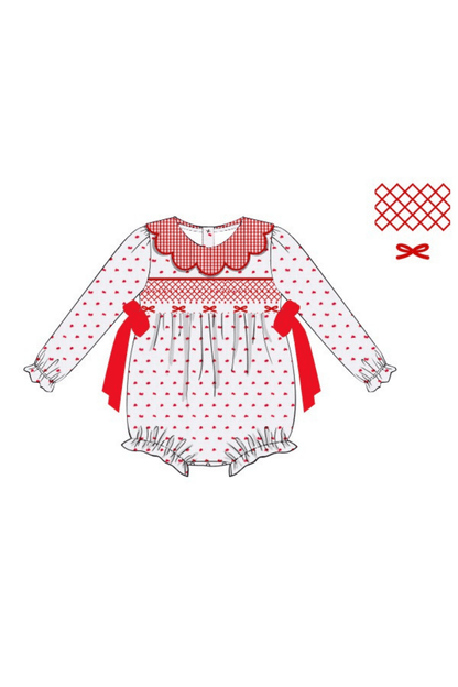 The Smocked Flamingo Apparel & Accessories Pre-Order Smocked Heirloom Red and White Swiss Dot Bow Bubble