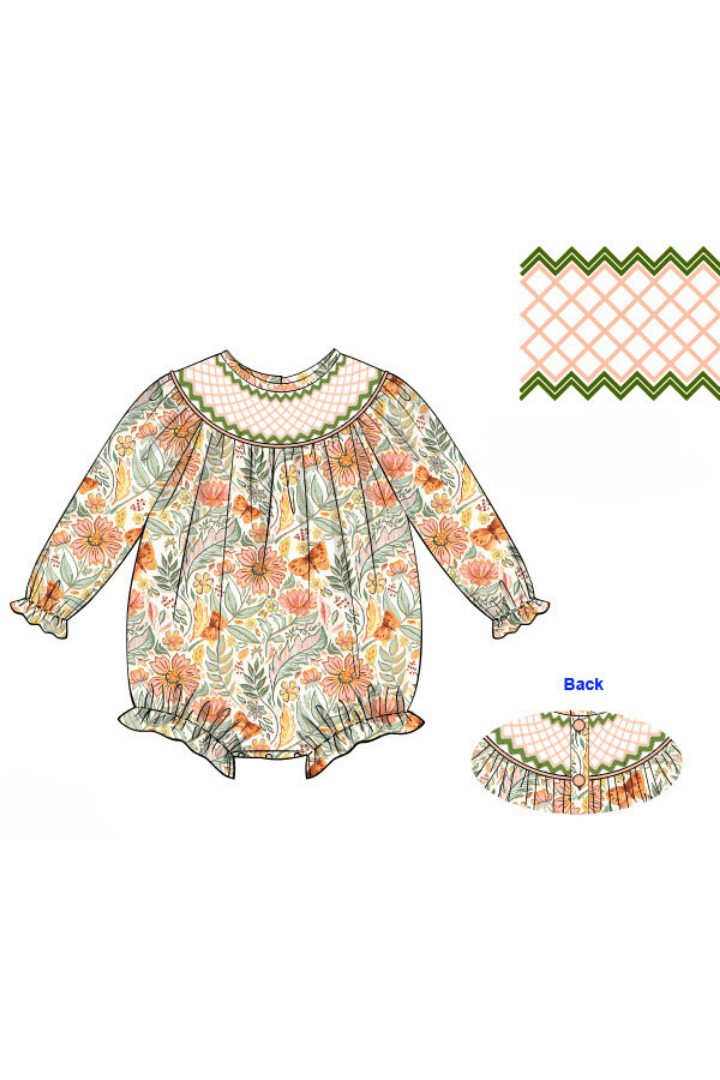 The Smocked Flamingo Apparel & Accessories Pre-Order Smocked Heirloom Sage and Coral Butterfly Long Sleeve Bubble