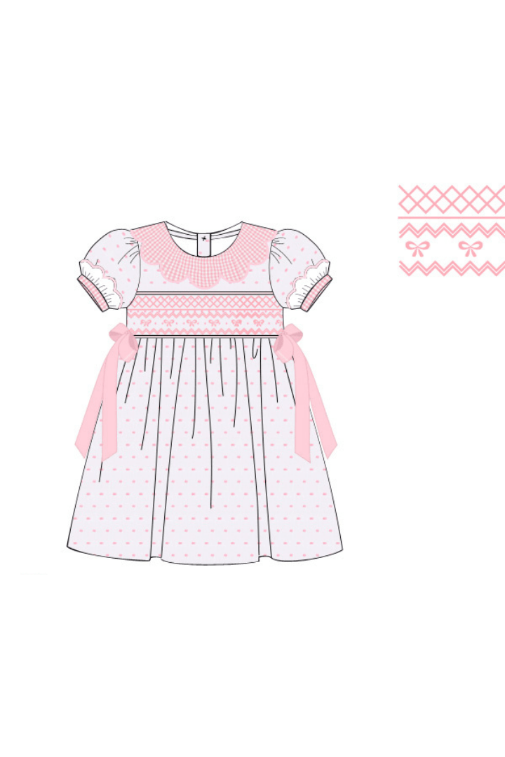 The Smocked Flamingo Apparel & Accessories Pre-Order Smocked Heirloom White and Pink Swiss Dot Bow Dress