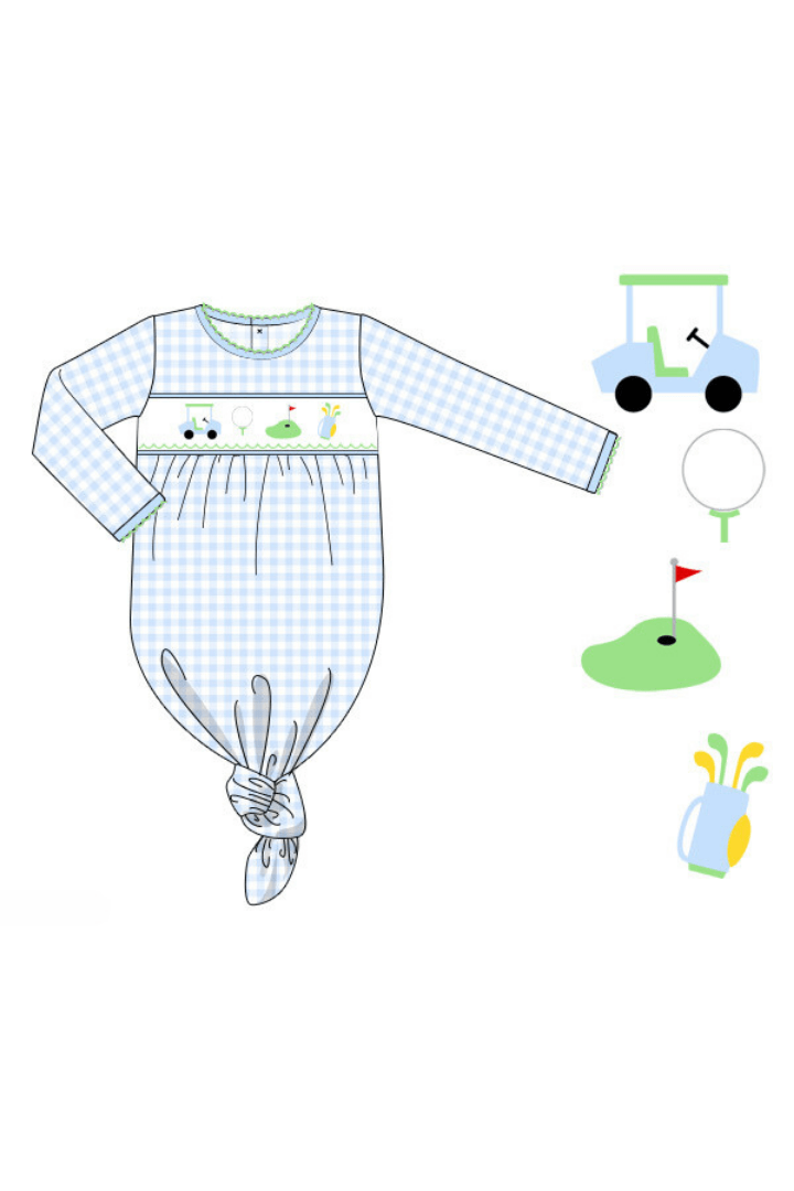 The Smocked Flamingo Apparel & Accessories Pre-Order Smocked Hole in One Blue Gingham Knit Gown