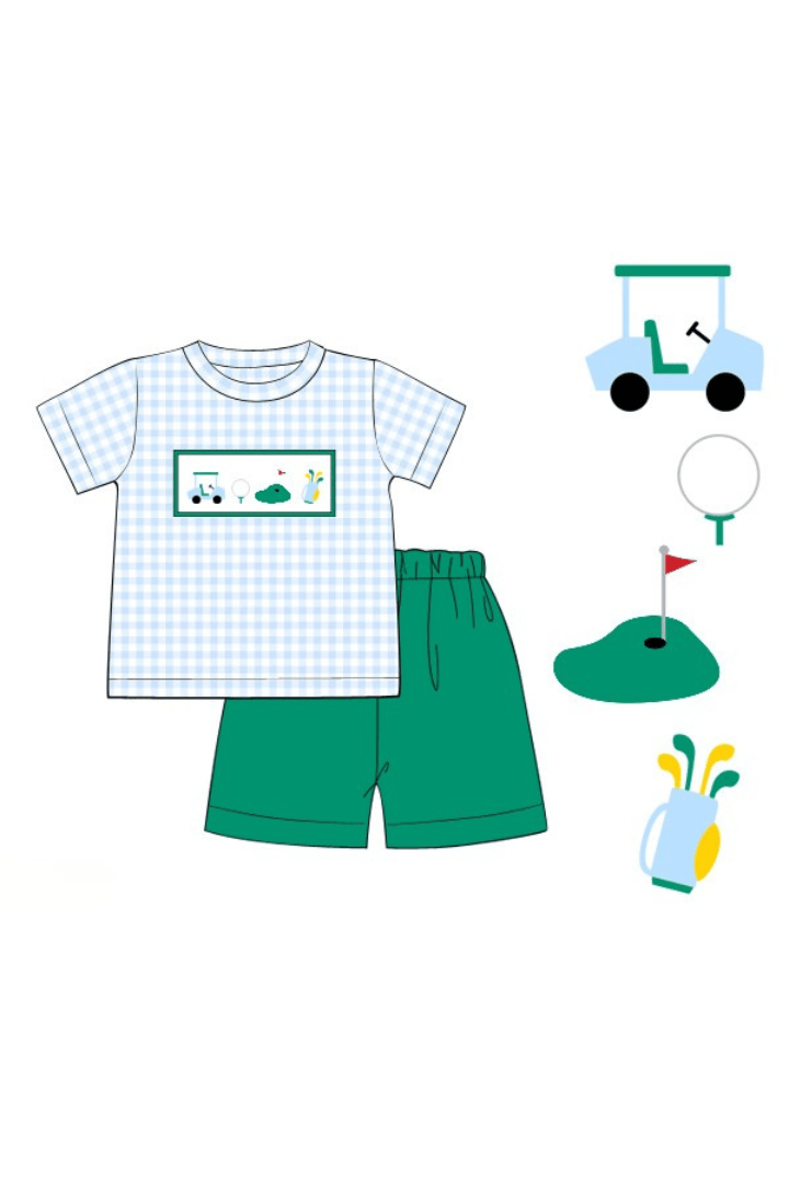 The Smocked Flamingo Apparel & Accessories Pre-Order Smocked Hole In One Blue Gingham Short Set
