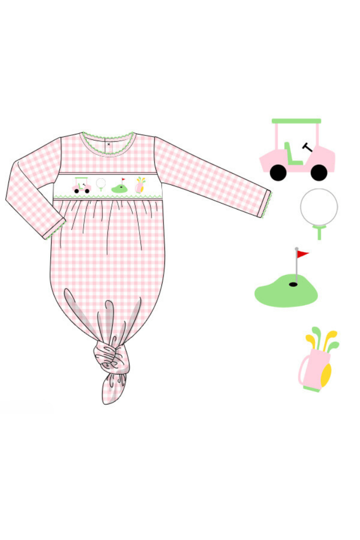 The Smocked Flamingo Apparel & Accessories Pre-Order Smocked Hole in One Pink Gingham Knit Gown