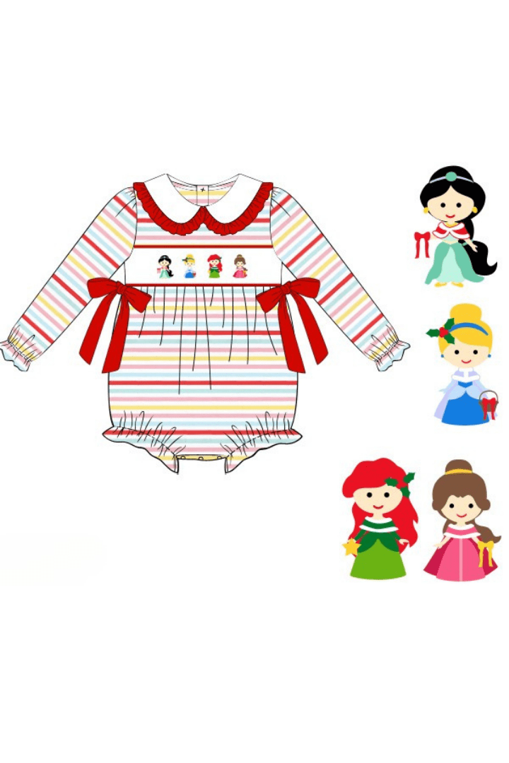 The Smocked Flamingo Apparel & Accessories Pre-Order Smocked Holiday Princess Multi Stripe Bow Bubble