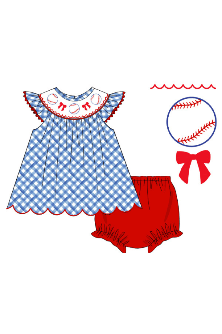 The Smocked Flamingo Apparel & Accessories Pre-Order Smocked Home Run Red and Blue Plaid Bloomer Set