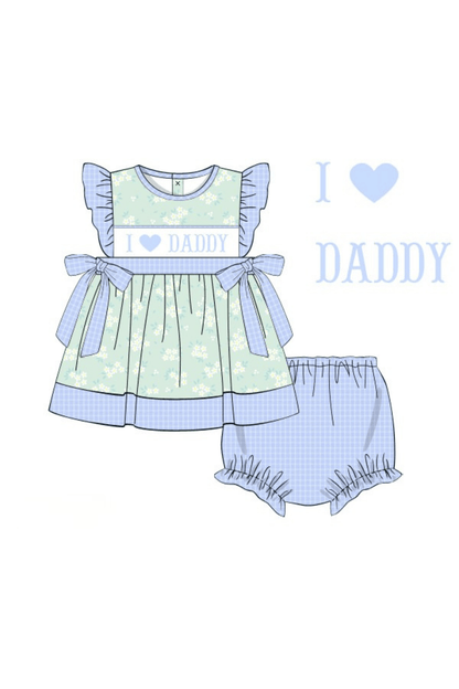 The Smocked Flamingo Apparel & Accessories Pre-Order Smocked I Love Daddy Blue and Green Floral Bloomer Set