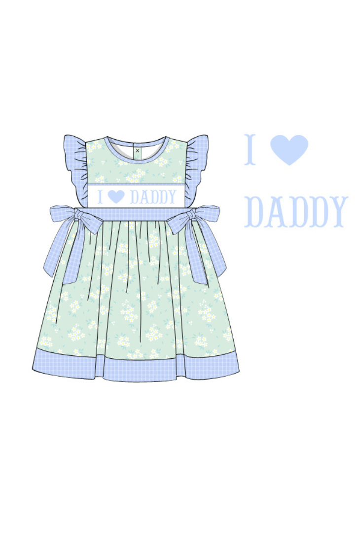 The Smocked Flamingo Apparel & Accessories Pre-Order Smocked I Love Daddy Blue and Green Floral Dress