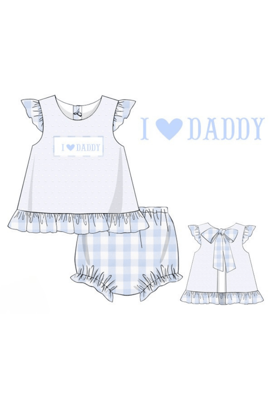 The Smocked Flamingo Apparel & Accessories Pre-Order Smocked I Love Daddy Blue Gingham White Swiss Dot Bloomer Set