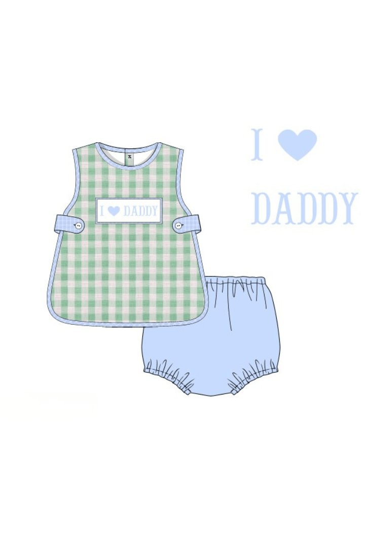 The Smocked Flamingo Apparel & Accessories Pre-Order Smocked I Love Daddy Blue/Mint Linen Apron Set