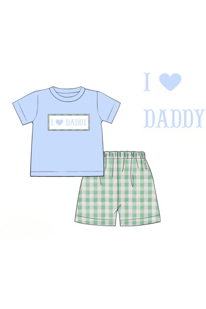 The Smocked Flamingo Apparel & Accessories Pre-Order Smocked I Love Daddy Blue/Mint Linen Short Set
