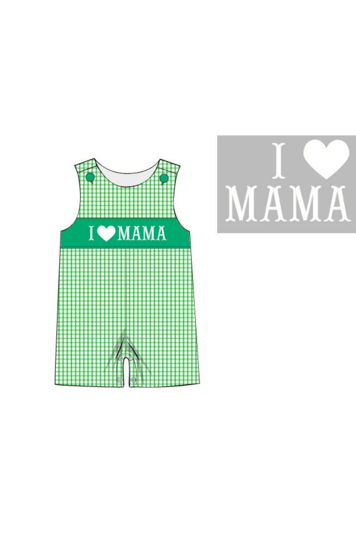 The Smocked Flamingo Apparel & Accessories Pre-Order Smocked I Love Mama Green Windowpane Jon Jon