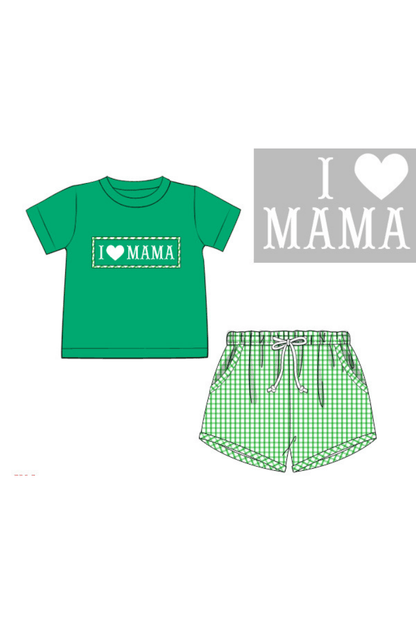 The Smocked Flamingo Apparel & Accessories Pre-Order Smocked I Love Mama Green Windowpane Short Set