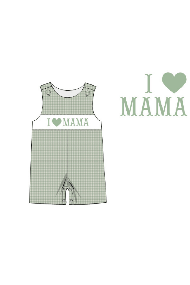 The Smocked Flamingo Apparel & Accessories Pre-Order Smocked I Love Mama Sage Seersucker Jon Jon