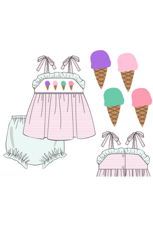 The Smocked Flamingo Apparel & Accessories Pre-Order Smocked Ice Cream Stripe Bloomer Set