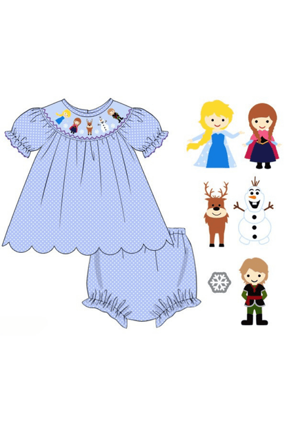 Smocked Ice Princess Blue Bitty Dot Bloomer Set 3T