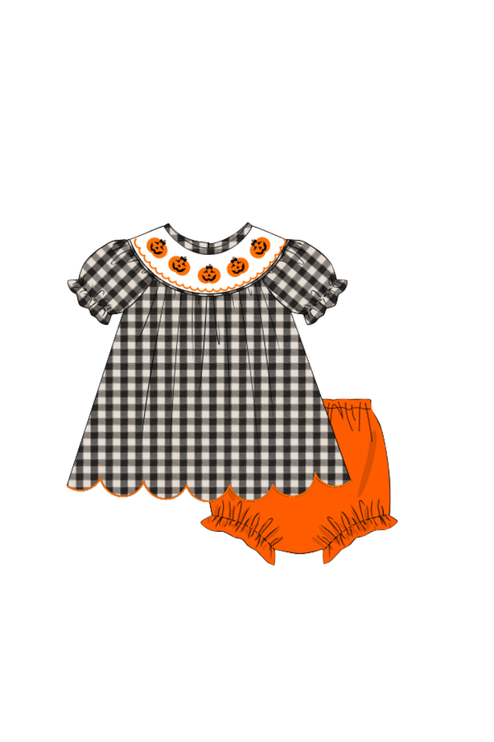 The Smocked Flamingo Apparel & Accessories Pre-Order Smocked Jack O Lantern Black/White Gingham Bloomer Set