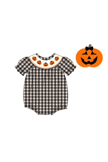 The Smocked Flamingo Apparel & Accessories Pre-Order Smocked Jack O Lantern Black/White Gingham Bubble