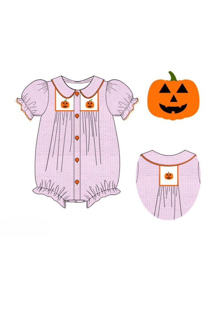 The Smocked Flamingo Apparel & Accessories Pre-Order Smocked Jack O Lantern Pink Seersucker Bubble