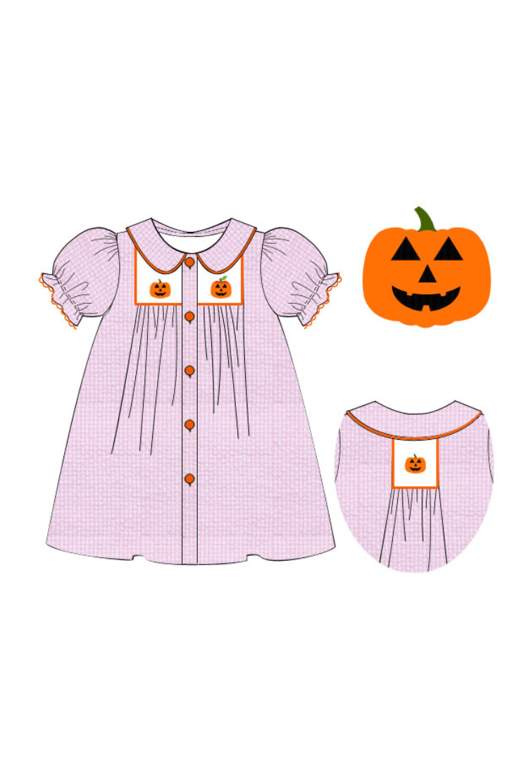 The Smocked Flamingo Apparel & Accessories Pre-Order Smocked Jack O Lantern Pink Seersucker Dress