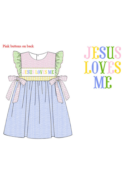 The Smocked Flamingo Apparel & Accessories Pre-Order Smocked Jesus Loves Me Seersucker Colorblock Dress
