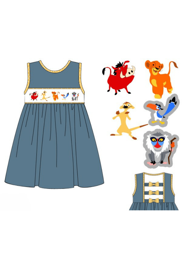 The Smocked Flamingo Apparel & Accessories Pre-Order Smocked Lion and Friends Stone Blue Knit Dress