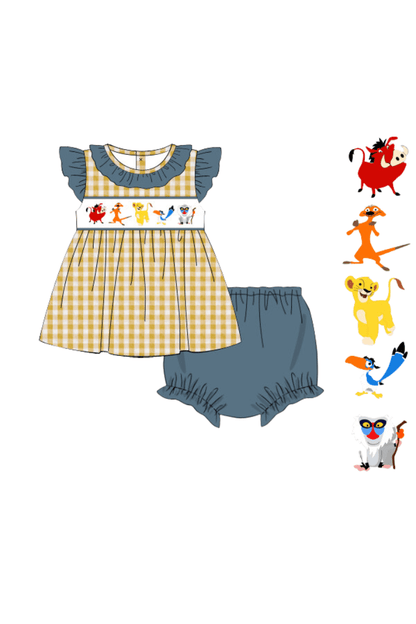 The Smocked Flamingo Apparel & Accessories Pre-Order Smocked Lion Friends Blue Stone Yellow Seersucker Bloomer Set