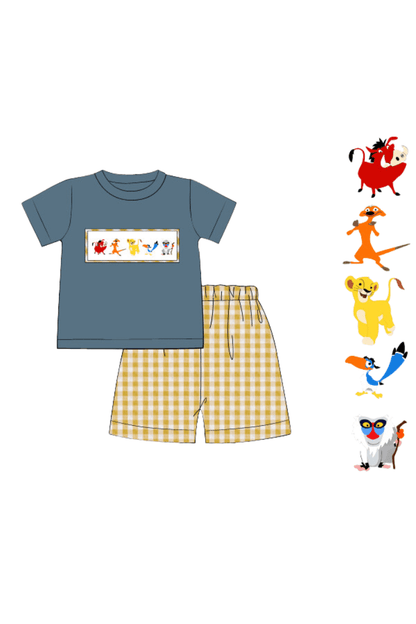 The Smocked Flamingo Apparel & Accessories Pre-Order Smocked Lion Friends Blue Stone Yellow Seersucker Short Set