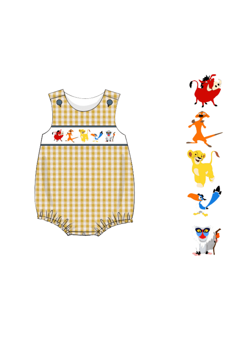 The Smocked Flamingo Apparel & Accessories Pre-Order Smocked Lion Friends Yellow Seersucker Bubble