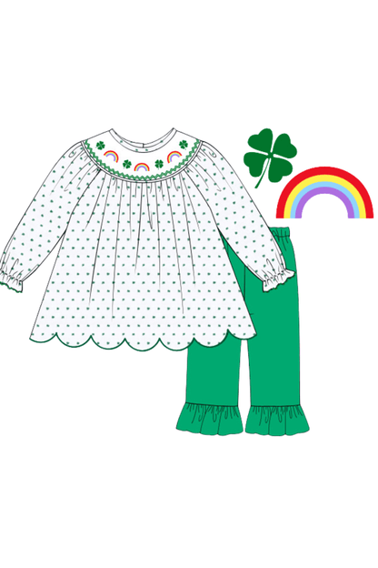 The Smocked Flamingo Apparel & Accessories Pre-Order Smocked Lucky Rainbow Swiss Dot Pant Set