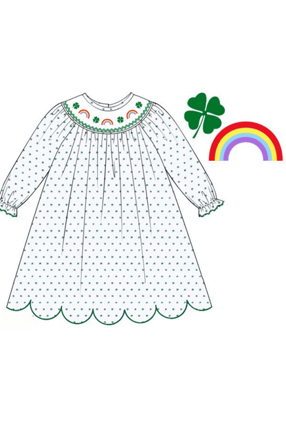 The Smocked Flamingo Apparel & Accessories Pre-Order Smocked Lucky Rainbow Swiss Dot Scalloped Dress