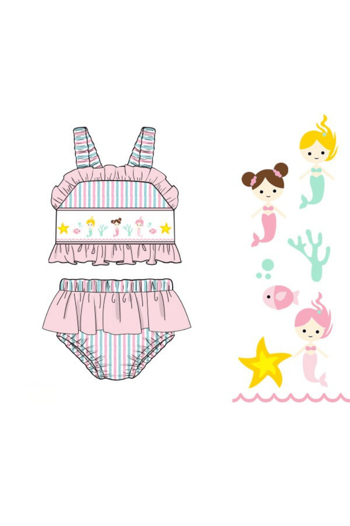 The Smocked Flamingo Apparel & Accessories Pre-Order Smocked Mermaid Pink and Mint Seersucker 2 pc Swimsuit