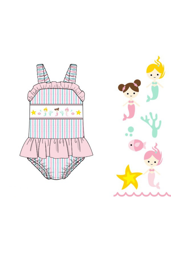 The Smocked Flamingo Apparel & Accessories Pre-Order Smocked Mermaid Pink and Mint Seersucker Swimsuit