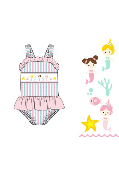 The Smocked Flamingo Apparel & Accessories Pre-Order Smocked Mermaid Pink and Mint Seersucker Swimsuit