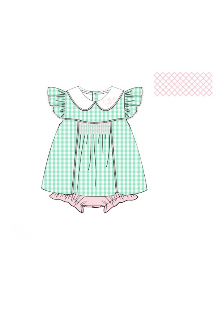The Smocked Flamingo Apparel & Accessories Pre-Order Smocked Mint Gingham Skirted Bubble
