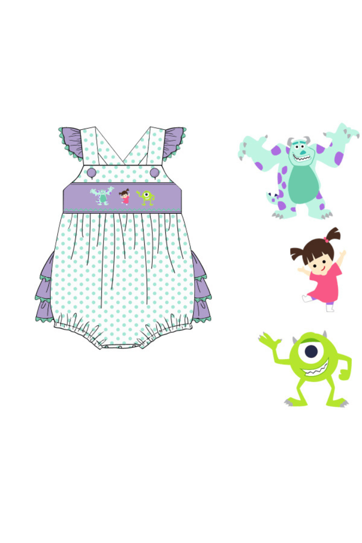 The Smocked Flamingo Apparel & Accessories Pre-Order Smocked Monsters Mint and Lavender Ruffle Bubble