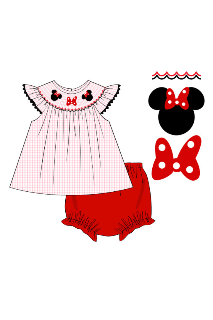 The Smocked Flamingo Apparel & Accessories Pre-Order Smocked Mouse and Bow Windowpane Bloomer Set